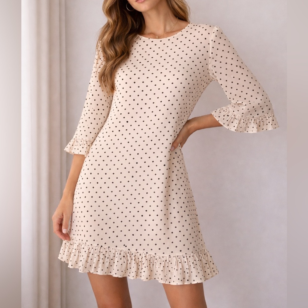 Ganni Polka Dot Mini Dress Cream Black Ruffle Sleeve Hem Size 36 Small 4/6